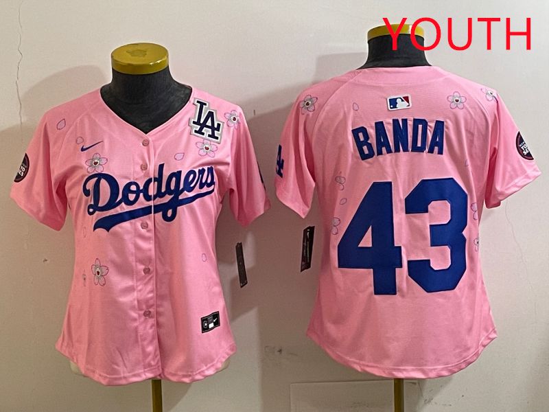 Youth Los Angeles Dodgers #43 Banda Pink White Blue Sakura Edition 2025 Nike MLB Jersey style 9->youth mlb jersey->Youth Jersey